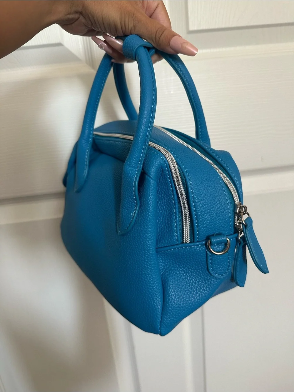 Blue Pebbled Leather Top-Handle Bag